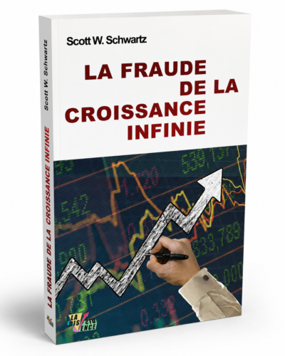 Couverture du livre La Fraude de la croissance infinie de Scott W. Schwartz, avec une flèche de croissance financière